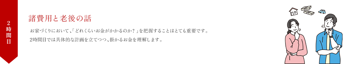2時間目 諸費用と老後の話 お家づくりにおいて、「どれくらいお金がかかるのか?」を把握することはとても重要です。2時間目では具体的な計画を立てつつ、掛かるお金を理解します。