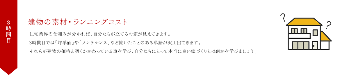 3時間目 建物の素材・ランニングコスト 住宅業界の仕組みが分かれば、自分たちが立てるお家が見えてきます。3時間目では「坪単価」や「メンテナンス」など聞いたことのある単語が沢山出てきます。それらが建物の価格と深くかかわっている事を学び、自分たちにとって本当に良い家づくりとは何かを学びましょう。